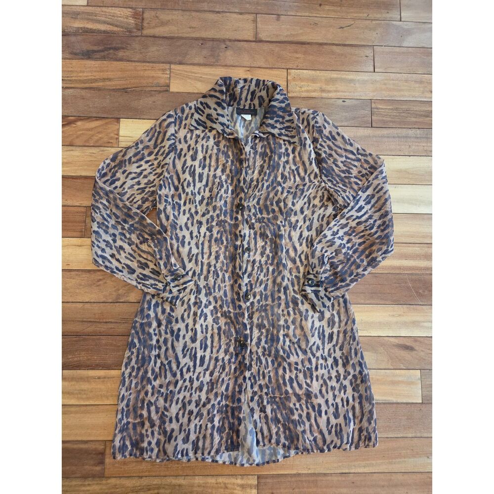 Vintage Y2K Leopard Print Sheer Shirt Dress Tunic Long Sleeve Button Down Sz10
